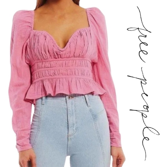 Free People NWT Chloe Top Pull Sleeve Cropped Top - Aurora Pink - Size Medium - Picture 1 of 16